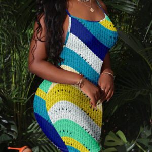 Slaydiva Robe courte et moulante pour femmes avec imprimé rayures colorées, style sling casual, tissu d'imitation Pit, convient pour l'été