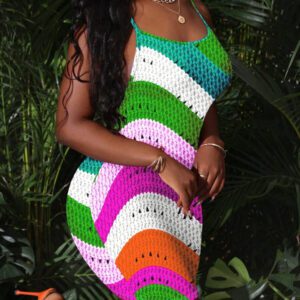 Slaydiva Robe courte et moulante pour femmes avec imprimé rayures colorées, style sling casual, tissu d'imitation Pit, convient pour l'été