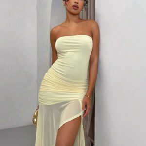 SHEIN BAE Robe mince asymétrique à ourlet plissé de couleur unie pour les vacances des femmes