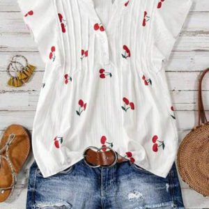 SHEIN Clasi Chemise courte à manches courtes en H-Line avec col plissé et imprimé cerise, style décontracté pour le quotidien et les vacances