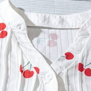 SHEIN Clasi Chemise courte à manches courtes en H-Line avec col plissé et imprimé cerise, style décontracté pour le quotidien et les vacances