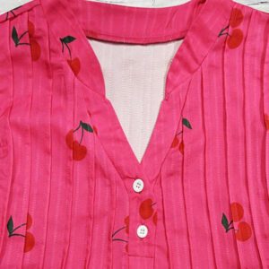SHEIN Clasi Chemise courte à manches courtes en H-Line avec col plissé et imprimé cerise, style décontracté pour le quotidien et les vacances