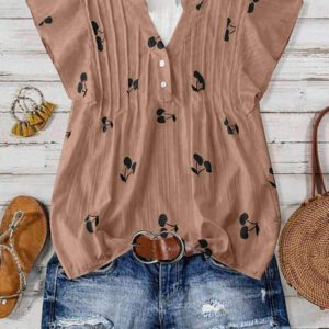 SHEIN Clasi Chemise courte à manches courtes en H-Line avec col plissé et imprimé cerise, style décontracté pour le quotidien et les vacances