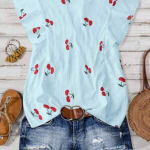 SHEIN Clasi Chemise courte à manches courtes en H-Line avec col plissé et imprimé cerise, style décontracté pour le quotidien et les vacances