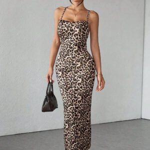 SHEIN PETITE Robe décontractée et romantique pour vacances imprimé léopard avec encolure drapée, dos nu et attache-cravate