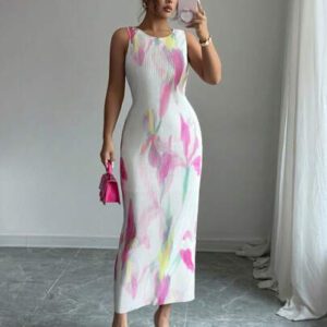Elenzga Robe d'été romantique pour femmes, col rond, sans manches, avec volants et imprimé floral violet, parfaite pour les vacances