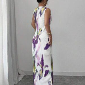 Elenzga Robe d'été romantique pour femmes, col rond, sans manches, avec volants et imprimé floral violet, parfaite pour les vacances