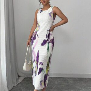 Elenzga Robe d'été romantique pour femmes, col rond, sans manches, avec volants et imprimé floral violet, parfaite pour les vacances