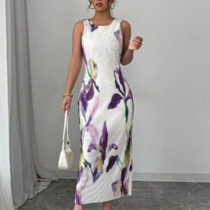 Elenzga Robe d'été romantique pour femmes, col rond, sans manches, avec volants et imprimé floral violet, parfaite pour les vacances