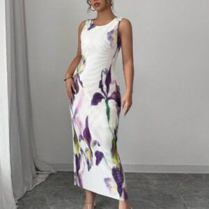 Elenzga Robe d'été romantique pour femmes, col rond, sans manches, avec volants et imprimé floral violet, parfaite pour les vacances