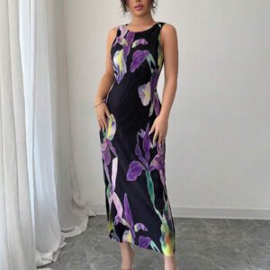 Elenzga Robe d'été romantique pour femmes, col rond, sans manches, avec volants et imprimé floral violet, parfaite pour les vacances