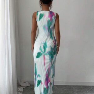 Elenzga Robe d'été romantique pour femmes, col rond, sans manches, avec volants et imprimé floral violet, parfaite pour les vacances