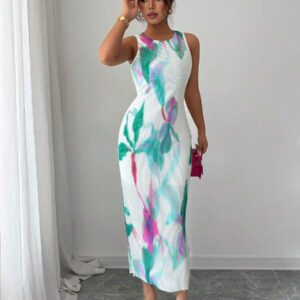 Elenzga Robe d'été romantique pour femmes, col rond, sans manches, avec volants et imprimé floral violet, parfaite pour les vacances
