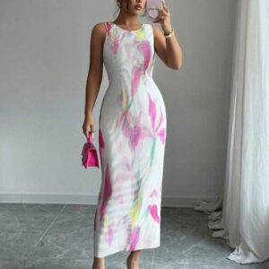 Elenzga Robe d'été romantique pour femmes, col rond, sans manches, avec volants et imprimé floral violet, parfaite pour les vacances