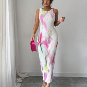 Elenzga Robe d'été romantique pour femmes, col rond, sans manches, avec volants et imprimé floral violet, parfaite pour les vacances