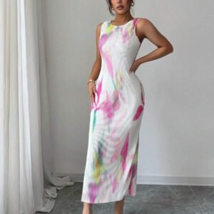 Elenzga Robe d'été romantique pour femmes, col rond, sans manches, avec volants et imprimé floral violet, parfaite pour les vacances