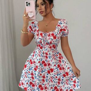 Rafferiza Robe mini élégante à manches bouffantes, taille froncée, motif floral Ditsy, convient pour les vacances