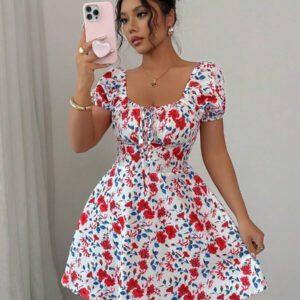 Rafferiza Robe mini élégante à manches bouffantes, taille froncée, motif floral Ditsy, convient pour les vacances
