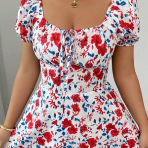 Rafferiza Robe mini élégante à manches bouffantes, taille froncée, motif floral Ditsy, convient pour les vacances