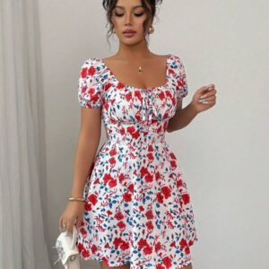 Rafferiza Robe mini élégante à manches bouffantes, taille froncée, motif floral Ditsy, convient pour les vacances