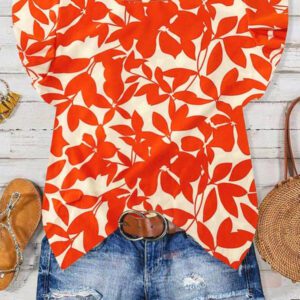 SHEIN Tall Chemise ample et ample à imprimé feuilles oranges décontractée pour vacances, manches ballons, pour femmes, printemps et été