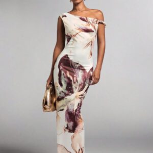 SHEIN BAE Robe fourreau asymétrique à épaules dégagées élégante de style vacances avec imprimé floral pour femmes, été