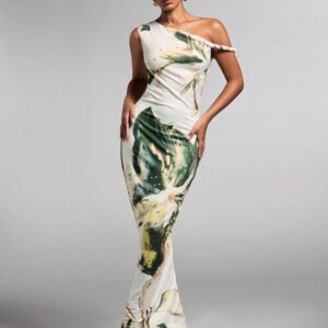 SHEIN BAE Robe fourreau asymétrique à épaules dégagées élégante de style vacances avec imprimé floral pour femmes, été