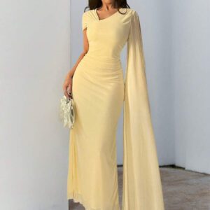 Firerie Robe midi femme élégante à col asymétrique jaune