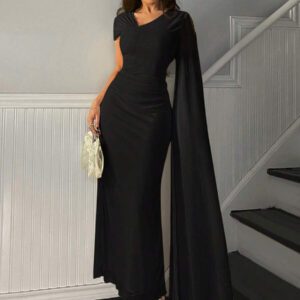 Firerie Robe midi femme élégante à col asymétrique jaune