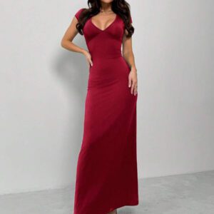 Firerie Nouvelle robe maxi moulante élégante et sexy à col V profond pour femmes, avec manches bouffantes et design de taille nouée. Convient pour les festivals et la Saint-Valentin