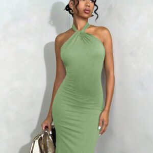 SHEIN Tall Robe maxi moulant élégante et minimaliste pour femmes, avec encolure à collier et dos découpé avec nœud. Convient pour un port quotidien.