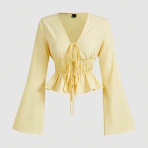 SHEIN MOD Blouse évasée à manches évasées et nœud devant pour femmes en jaune, costumes ajourés pour femmes, costume de diable, vintage, Top de pirate, hippie, hauts de sortie