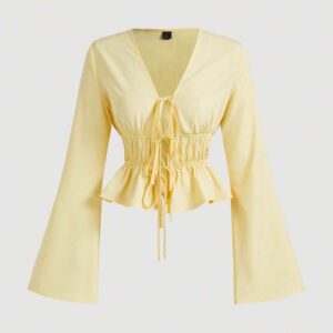 SHEIN MOD Blouse évasée à manches évasées et nœud devant pour femmes en jaune, costumes ajourés pour femmes, costume de diable, vintage, Top de pirate, hippie, hauts de sortie