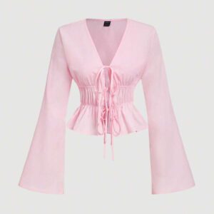 SHEIN MOD Blouse évasée à manches évasées et nœud devant pour femmes en jaune, costumes ajourés pour femmes, costume de diable, vintage, Top de pirate, hippie, hauts de sortie
