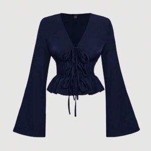 SHEIN MOD Blouse évasée à manches évasées et nœud devant pour femmes en jaune, costumes ajourés pour femmes, costume de diable, vintage, Top de pirate, hippie, hauts de sortie