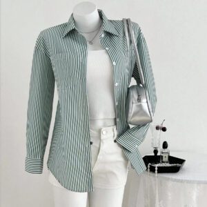 Flirla Chemise rayée à manches longues et à épaules tombantes pour femme, hauts à manches longues