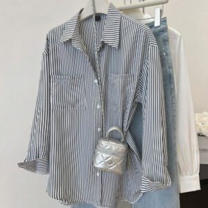 Flirla Chemise rayée à manches longues et à épaules tombantes pour femme, hauts à manches longues
