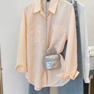 Flirla Chemise rayée à manches longues et à épaules tombantes pour femme, hauts à manches longues