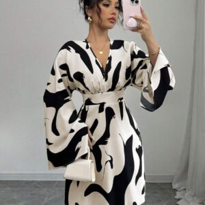 Elenzga Robe décontractée pour femmes à manches longues froncées, taille resserrée, avec imprimé floral dans le dos, pour les vacances