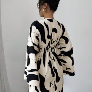 Elenzga Robe décontractée pour femmes à manches longues froncées, taille resserrée, avec imprimé floral dans le dos, pour les vacances