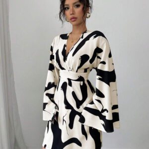 Elenzga Robe décontractée pour femmes à manches longues froncées, taille resserrée, avec imprimé floral dans le dos, pour les vacances