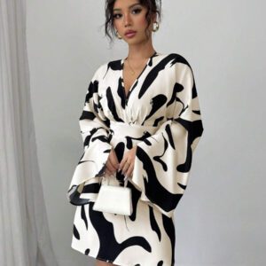 Elenzga Robe décontractée pour femmes à manches longues froncées, taille resserrée, avec imprimé floral dans le dos, pour les vacances