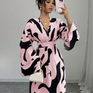 Elenzga Robe décontractée pour femmes à manches longues froncées, taille resserrée, avec imprimé floral dans le dos, pour les vacances