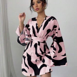 Elenzga Robe décontractée pour femmes à manches longues froncées, taille resserrée, avec imprimé floral dans le dos, pour les vacances