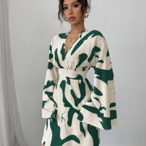 Elenzga Robe décontractée pour femmes à manches longues froncées, taille resserrée, avec imprimé floral dans le dos, pour les vacances