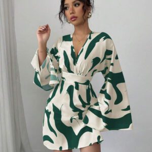 Elenzga Robe décontractée pour femmes à manches longues froncées, taille resserrée, avec imprimé floral dans le dos, pour les vacances