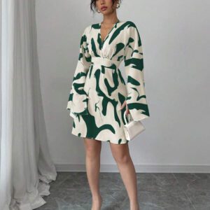 Elenzga Robe décontractée pour femmes à manches longues froncées, taille resserrée, avec imprimé floral dans le dos, pour les vacances