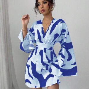 Elenzga Robe décontractée pour femmes à manches longues froncées, taille resserrée, avec imprimé floral dans le dos, pour les vacances