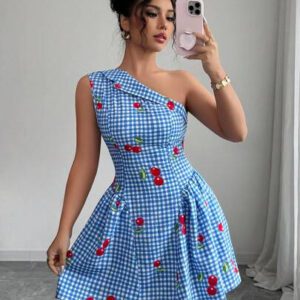 Elenzga Robe courte asymétrique à encolure d'une épaule ajustée à la taille avec imprimé carreaux et cerises pour femmes, élégante