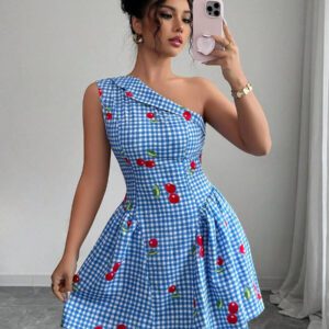 Elenzga Robe courte asymétrique à encolure d'une épaule ajustée à la taille avec imprimé carreaux et cerises pour femmes, élégante